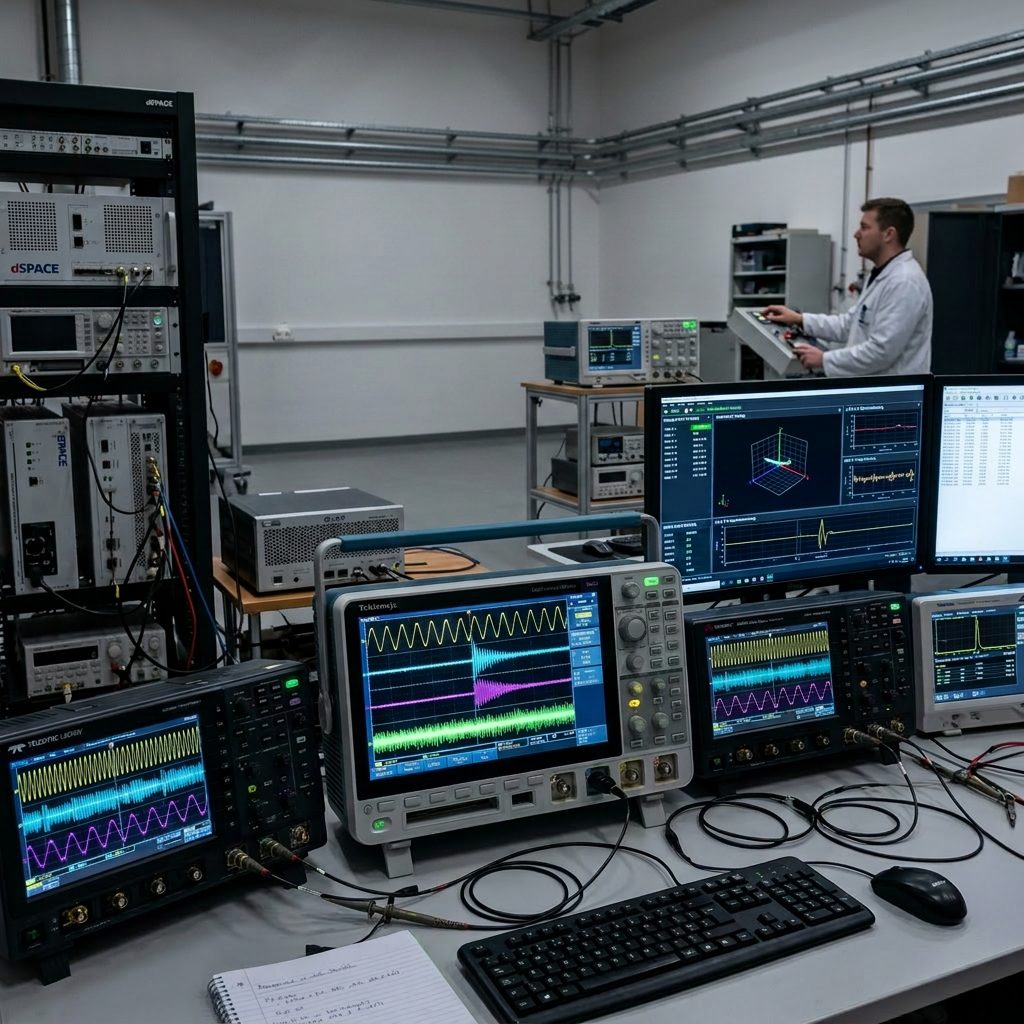 Multiple oscilloscopes and computer monitors displaying waveform data in a lab with a motion simulator